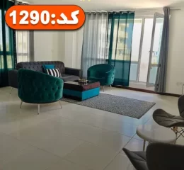 صندلی و مبلمان طوسی و سبز رنگ و در رو به تراس سالن نشیمن آپارتمان در بندر عباس